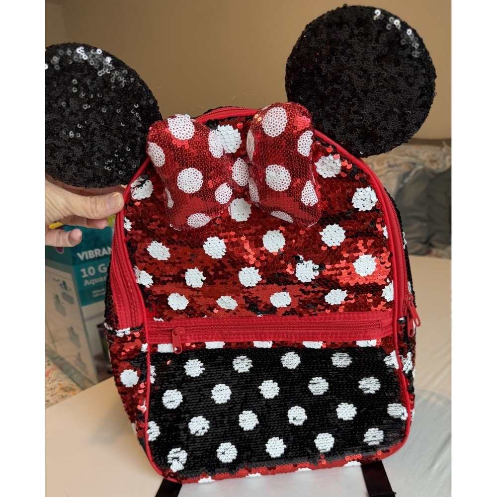Disney Parks Minnie Mouse Polka Dot Red Sequin Backpack Bag Bow And Ears EUC - Picture 2 of 8